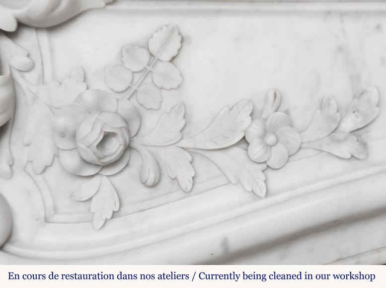 Louis XV style fireplace in Carrara marble richly carved with plant motifs-3