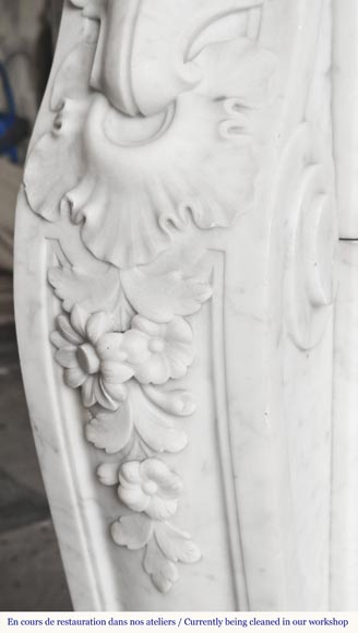 Louis XV style fireplace in Carrara marble richly carved with plant motifs-8