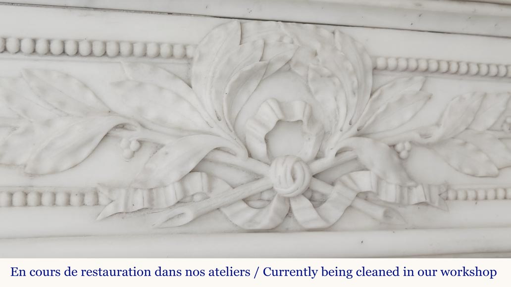 Curved Louis XVI style fireplace with beaded decoration, in semi-statuary marble.-2