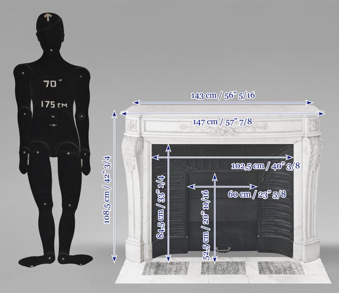 Curved Louis XVI style fireplace with beaded decoration, in semi-statuary marble.-14