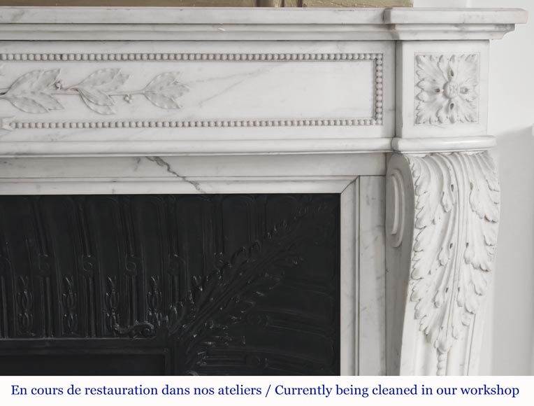 Curved Louis XVI style fireplace with beaded decoration, in semi-statuary marble.-9