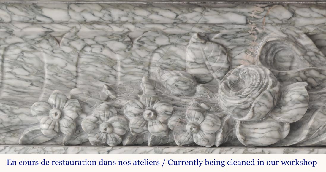 Napoleon III style fireplace with floral decoration, in green Estours marble-2