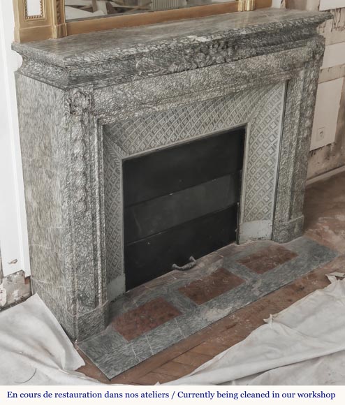 Napoleon III style fireplace with floral decoration, in green Estours marble-3