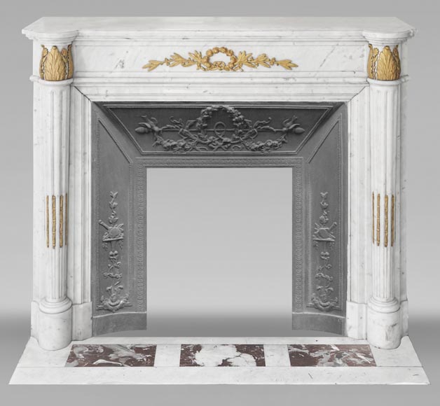 Louis XVI style fireplace with half-columns and bronze decorations, in Carrara marble-0