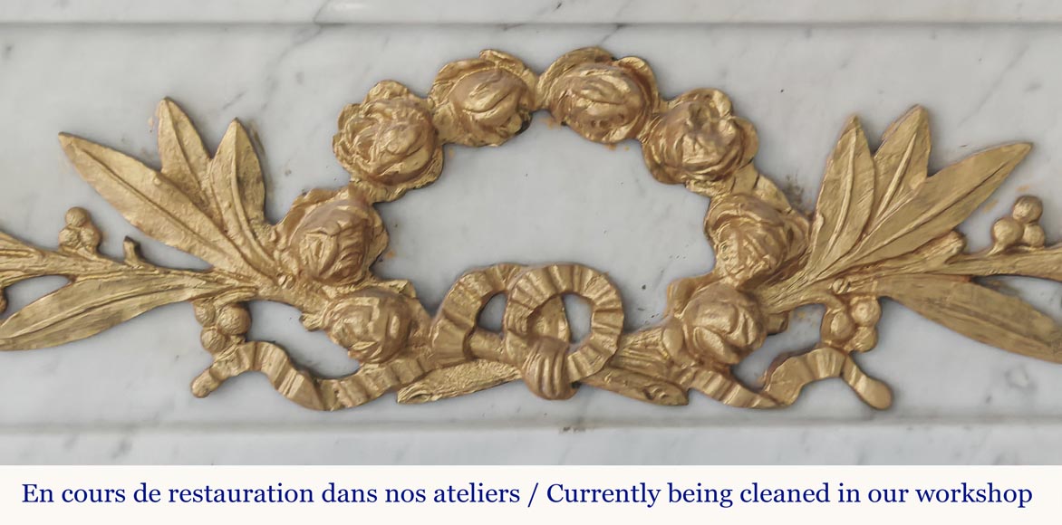 Louis XVI style fireplace with half-columns and bronze decorations, in Carrara marble-2