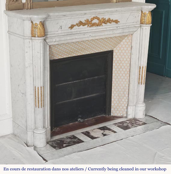 Louis XVI style fireplace with half-columns and bronze decorations, in Carrara marble-4