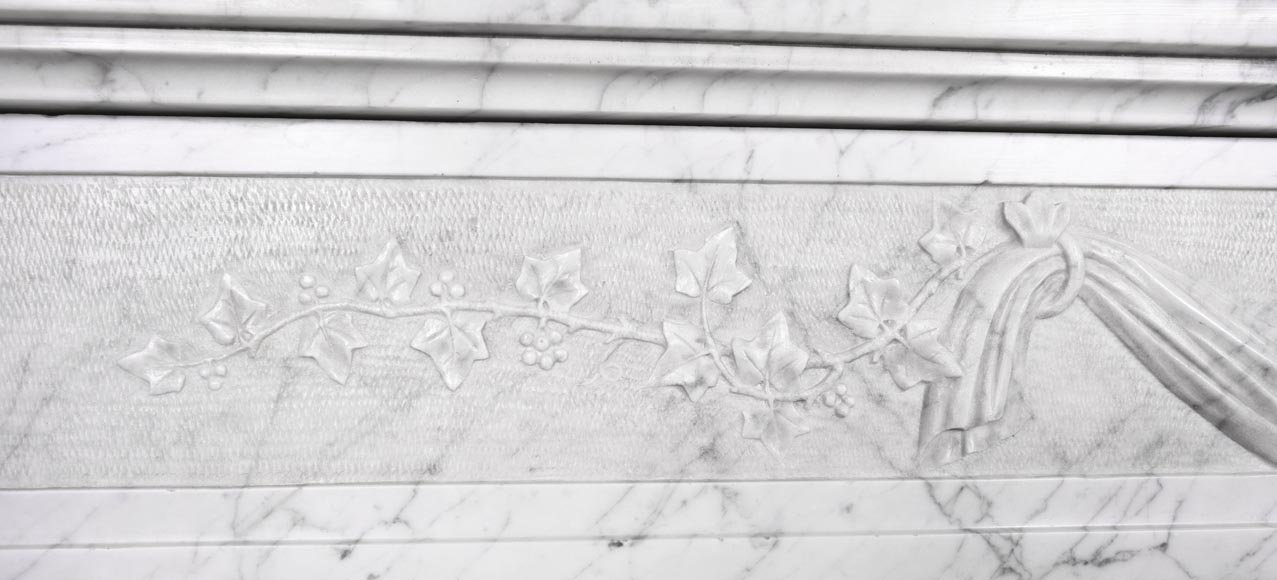 Louis XVI period fireplace with carved fruit decoration, in veined Carrara marble-3