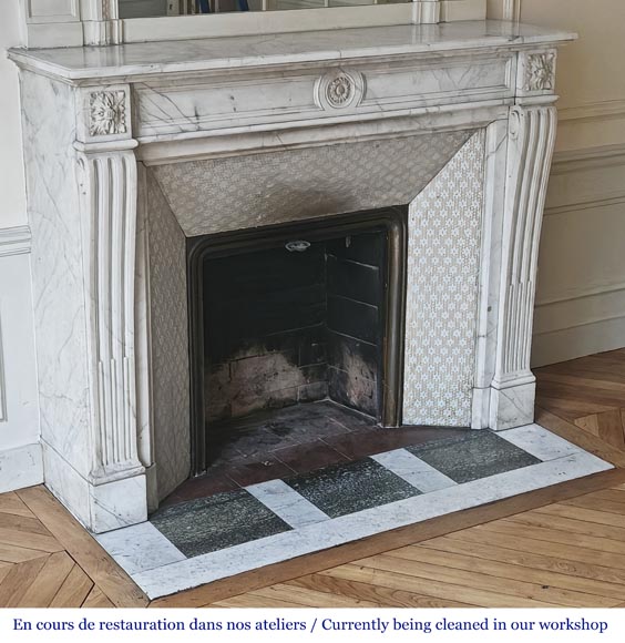 Louis XVI style fireplace in semi-statuary marble, decorated with a sunflower-2