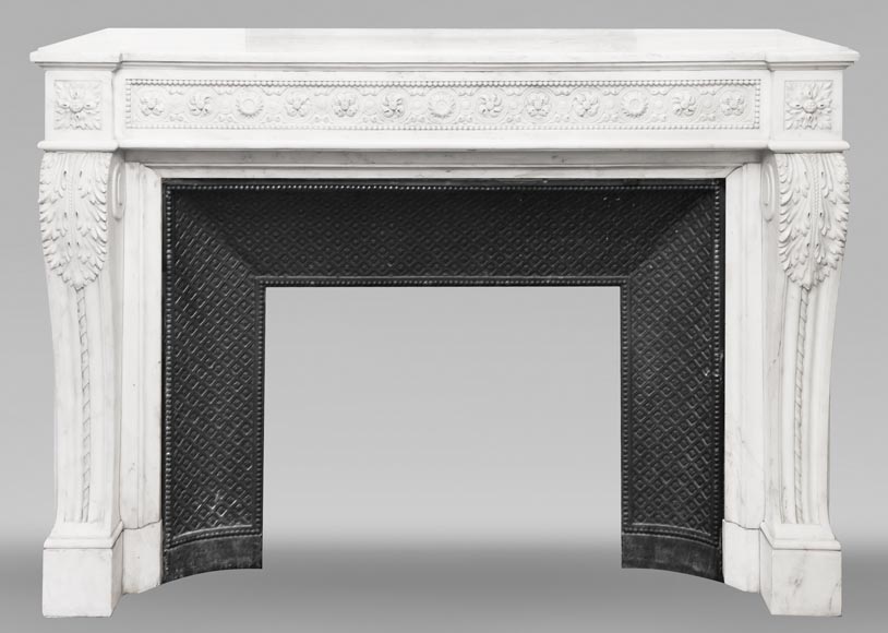 Louis XVI style fireplace decorated with macarons and pearls, in Carrara marble-0