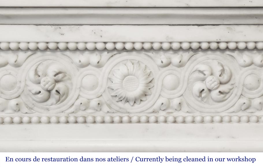 Louis XVI style fireplace decorated with macarons and pearls, in Carrara marble-1