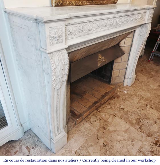 Louis XVI style fireplace decorated with macarons and pearls, in Carrara marble-3