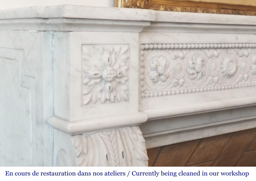 Louis XVI style fireplace decorated with macarons and pearls, in Carrara marble-4