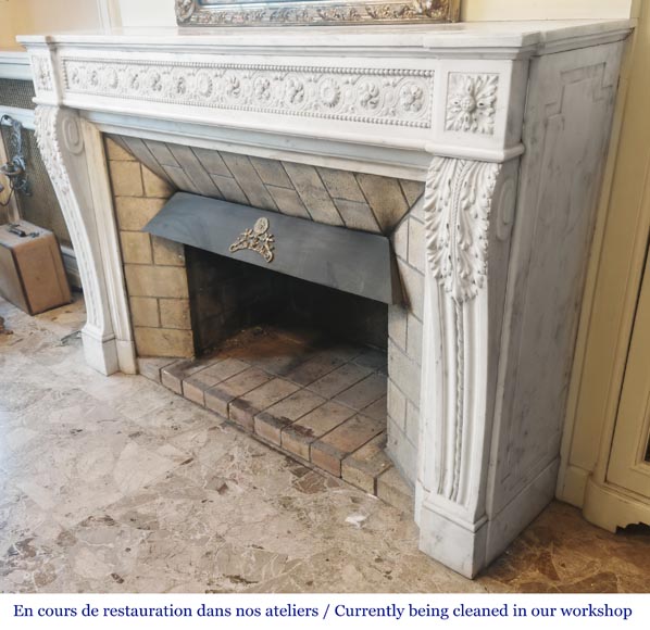 Louis XVI style fireplace decorated with macarons and pearls, in Carrara marble-7