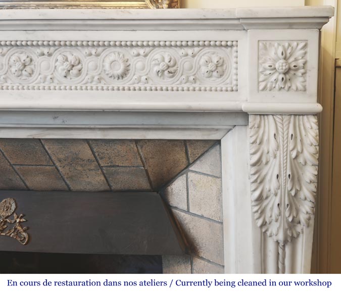 Louis XVI style fireplace decorated with macarons and pearls, in Carrara marble-8