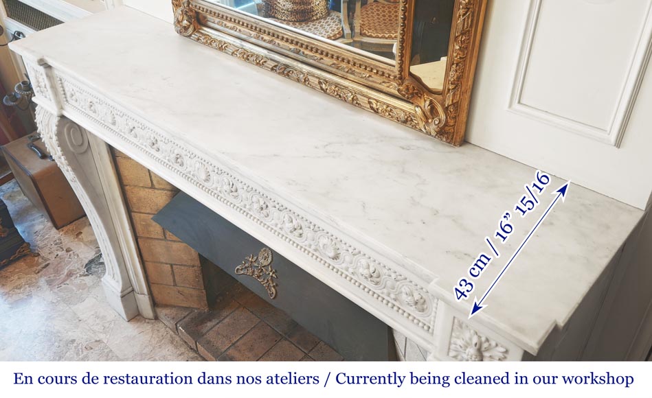 Louis XVI style fireplace decorated with macarons and pearls, in Carrara marble-10