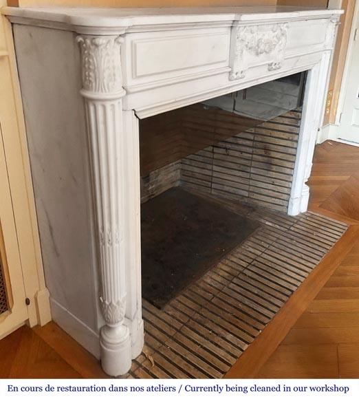 Louis XVI style fireplace with half-column and floral garland, in semi-statuary marble-2