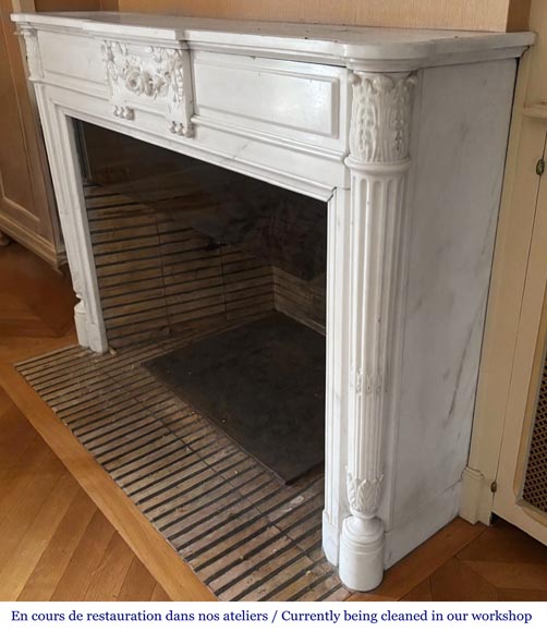 Louis XVI style fireplace with half-column and floral garland, in semi-statuary marble-5
