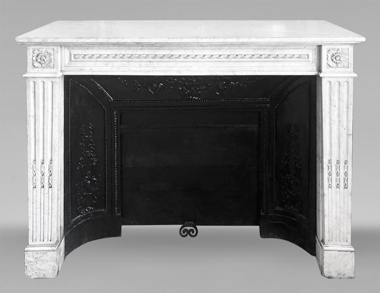 Louis XVI style fireplace in Carrara marble, decorated with ribbons and floral rosettes-0