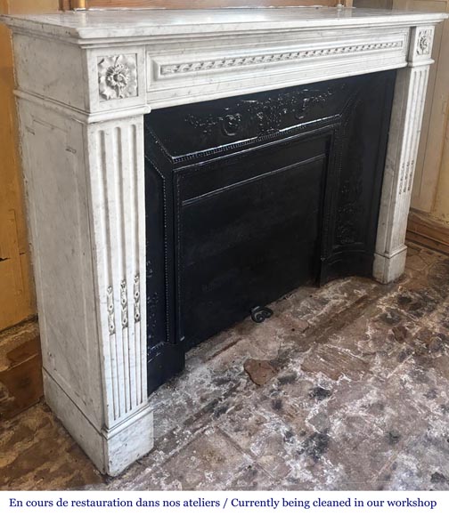 Louis XVI style fireplace in Carrara marble, decorated with ribbons and floral rosettes-2