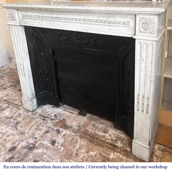 Louis XVI style fireplace in Carrara marble, decorated with ribbons and floral rosettes-4
