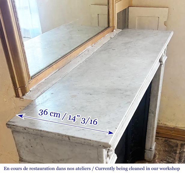 Louis XVI style fireplace in Carrara marble, decorated with ribbons and floral rosettes-7