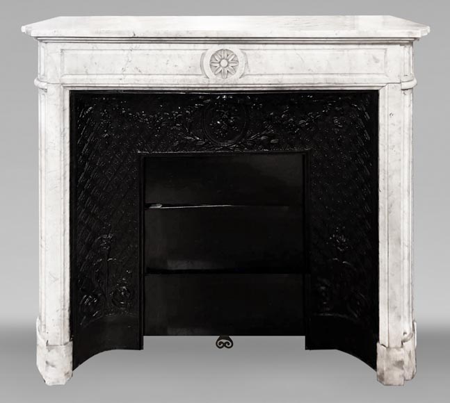 Louis XVI style fireplace with rounded corners, decorated with a daisy, in Carrara marble-0