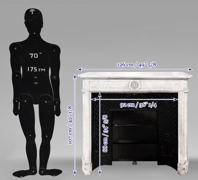 Louis XVI style fireplace with rounded corners, decorated with a daisy, in Carrara marble-7