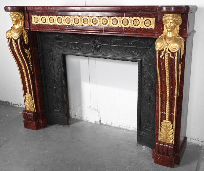 Louis XVI style fireplace in griotte red marble with gilt bronze decoration Louis XVI style fireplace in griotte red marble with gilt bronze decoration-8
