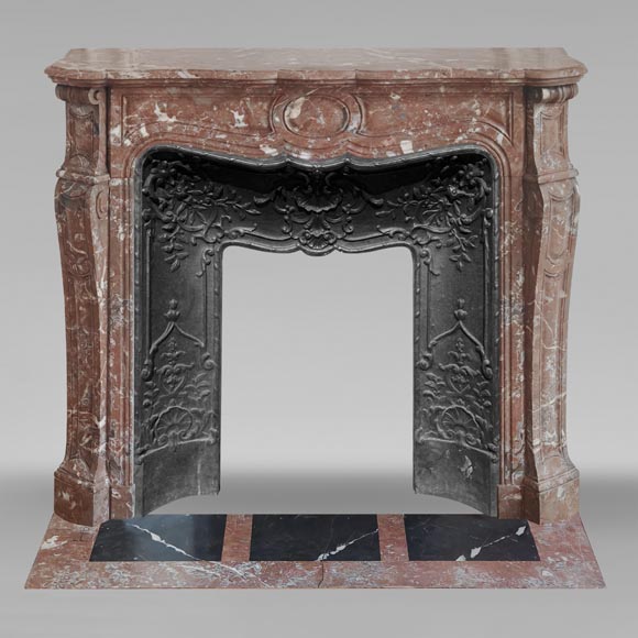 Louis XV style Pompadour model fireplace, in Rouge du Nord marble-0