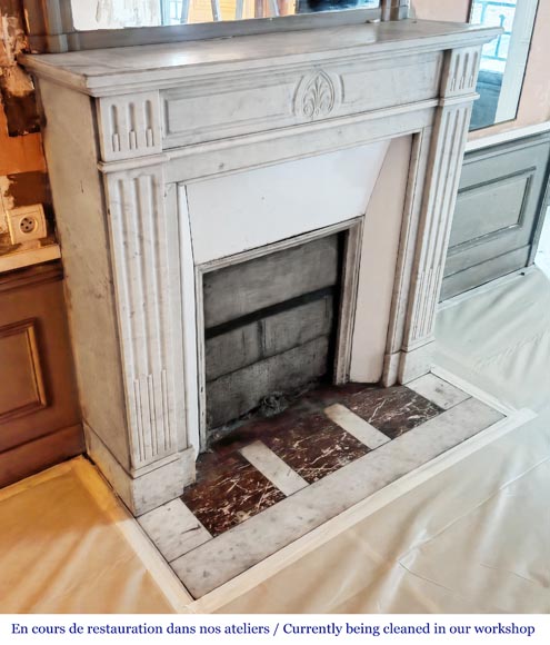 Louis XVI style fireplace in Carrara marble, decorated with a palmette-2