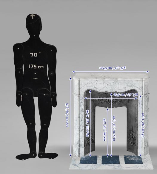 Louis XV style Pompadour model fireplace, in veined Carrara marble-10