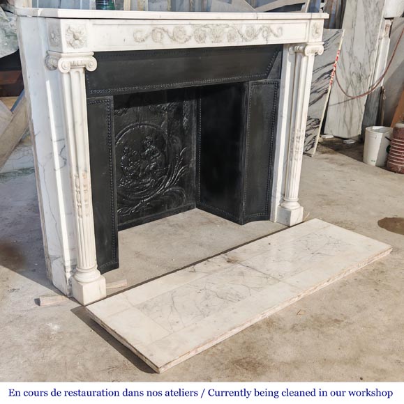 Louis XVI style fireplace in semi-statuary marble, featuring columns and Ionic capitals-4