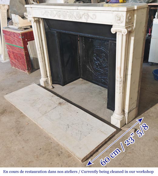 Louis XVI style fireplace in semi-statuary marble, featuring columns and Ionic capitals-9