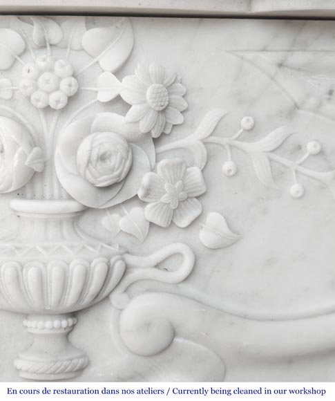 Louis XV style fireplace in Carrara marble, decorated with a vase of flowers Louis XV style fireplace in Carrara marble, decorated with a vase of flowers-3