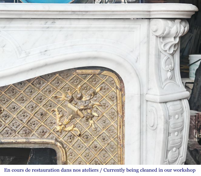 Louis XV style fireplace in Carrara marble, decorated with a vase of flowers Louis XV style fireplace in Carrara marble, decorated with a vase of flowers-10