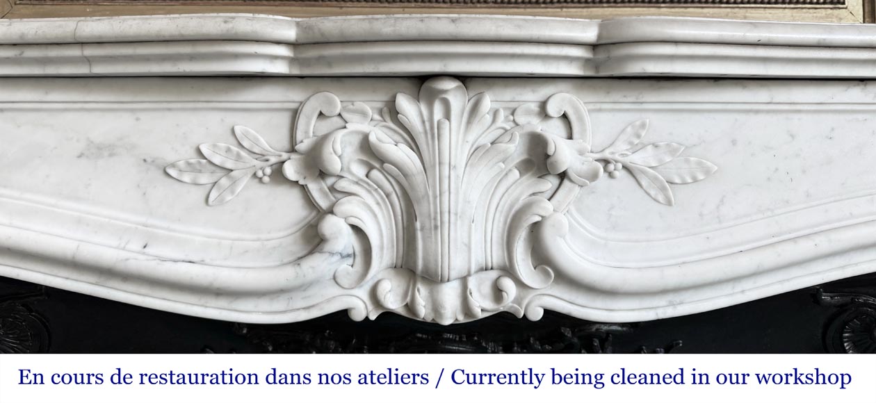 Louis XV style fireplace in Carrara marble, decorated with a palmette-1