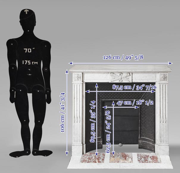Louis XVI style fireplace in Carrara marble decorated with a torch and a quiver Louis XVI style fireplace in Carrara marble decorated with a torch and a quiver-11