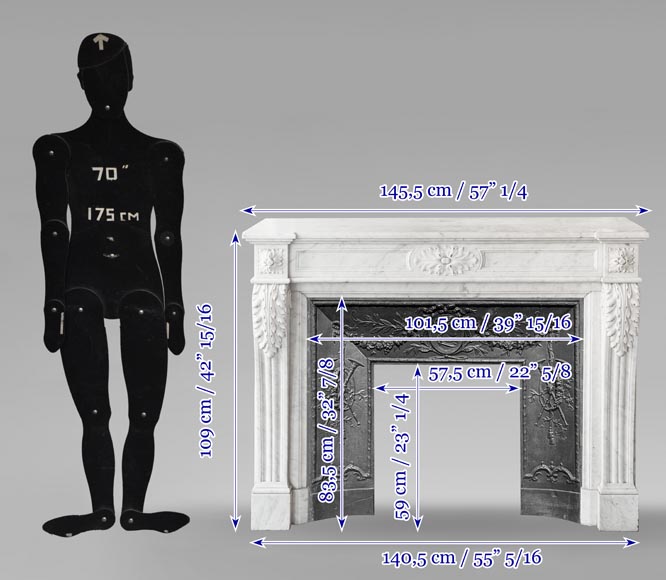 Louis XVI style fireplace decorated with acanthus leaves, in Carrara marble-9