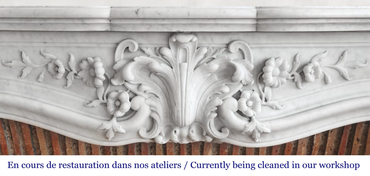 Louis XV style fireplace in Carrara marble, with richly sculpted floral decoration Louis XV style fireplace in Carrara marble, with richly sculpted floral decoration-1