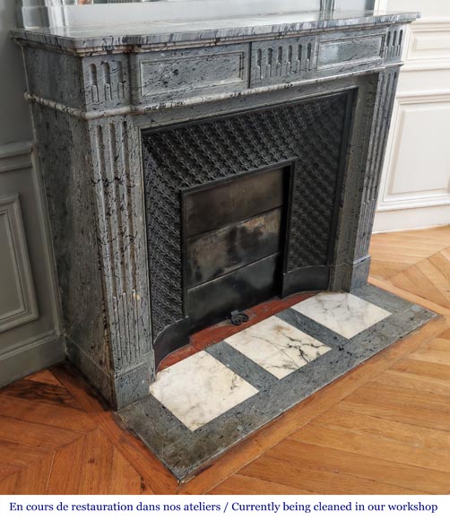 Louis XVI-style fireplace in blue fleuri marble, featuring fluted decoration Louis XVI-style fireplace in blue fleuri marble, featuring fluted decoration-1