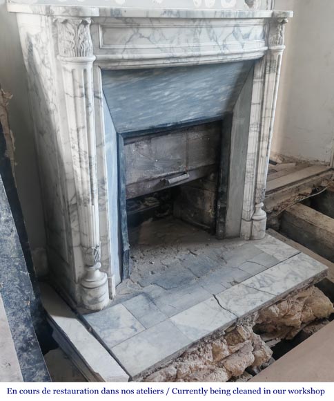 Louis XVI style curved-front fireplace in Arabescato marble, featuring half-columns of the Corinthian order Louis XVI style curved-front fireplace in Arabescato marble, featuring half-columns of the Corinthian order-2