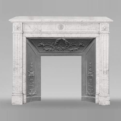 Louis XVI style Carrara marble fireplace, decorated with a sunflower