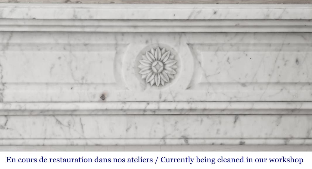 Louis XVI style Carrara marble fireplace, decorated with a sunflower Louis XVI style Carrara marble fireplace, decorated with a sunflower-1