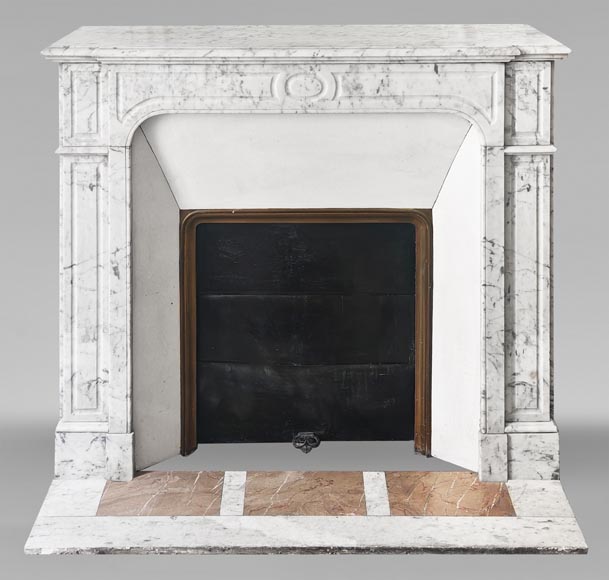 Straight-fronted Louis XV style fireplace, Pompadour type, in veined Carrara marble Straight-fronted Louis XV style fireplace, Pompadour type, in veined Carrara marble-0