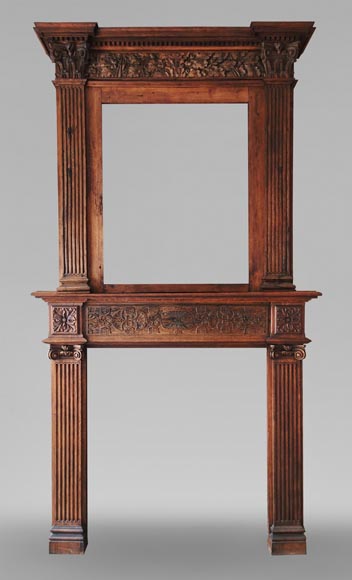 Louis XVI style oak fireplace, decorated with an oak-leaf frieze and surmounted by its oak overmantel Louis XVI style oak fireplace, decorated with an oak-leaf frieze and surmounted by its oak overmantel-0