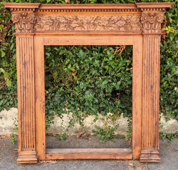 Louis XVI style oak fireplace, decorated with an oak-leaf frieze and surmounted by its oak overmantel Louis XVI style oak fireplace, decorated with an oak-leaf frieze and surmounted by its oak overmantel-12