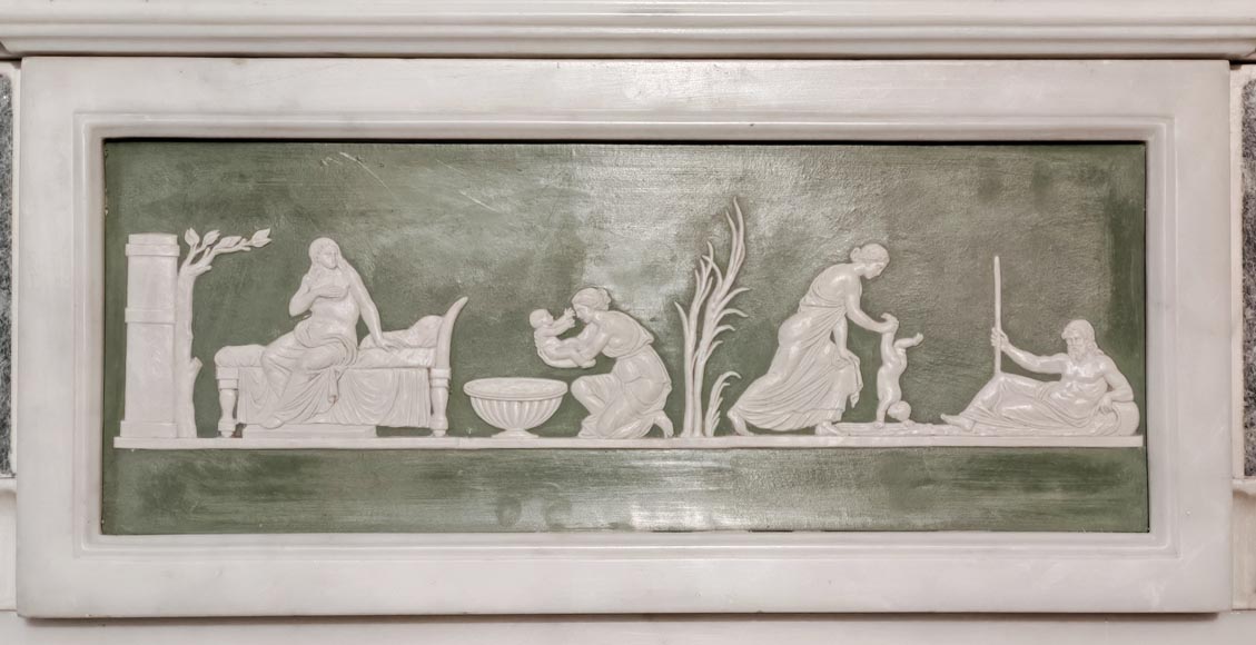 Victorian-style fireplace in statuary marble, featuring Ionic half-columns and a Wedgwood-style medallion decoration Victorian-style fireplace in statuary marble, featuring Ionic half-columns and a Wedgwood-style medallion decoration-1