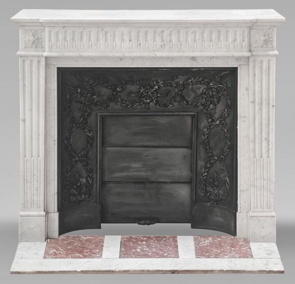 Louis XVI-style Carrara marble fireplace with a fluted frieze-0
