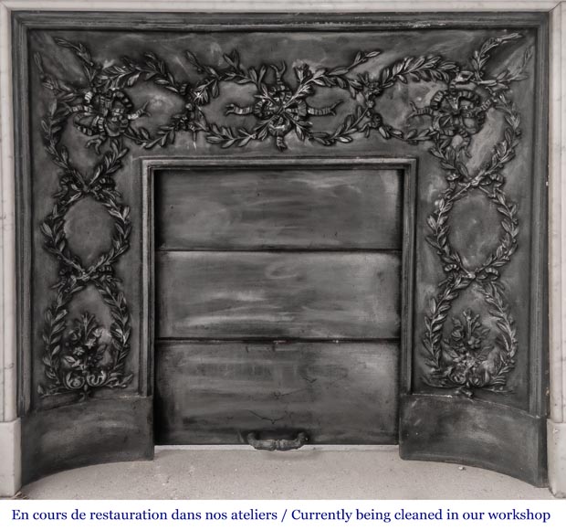 Louis XVI-style Carrara marble fireplace with a fluted frieze-8