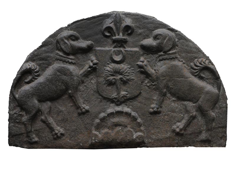 Antique cast iron fireback with dogs and coat of arms-0